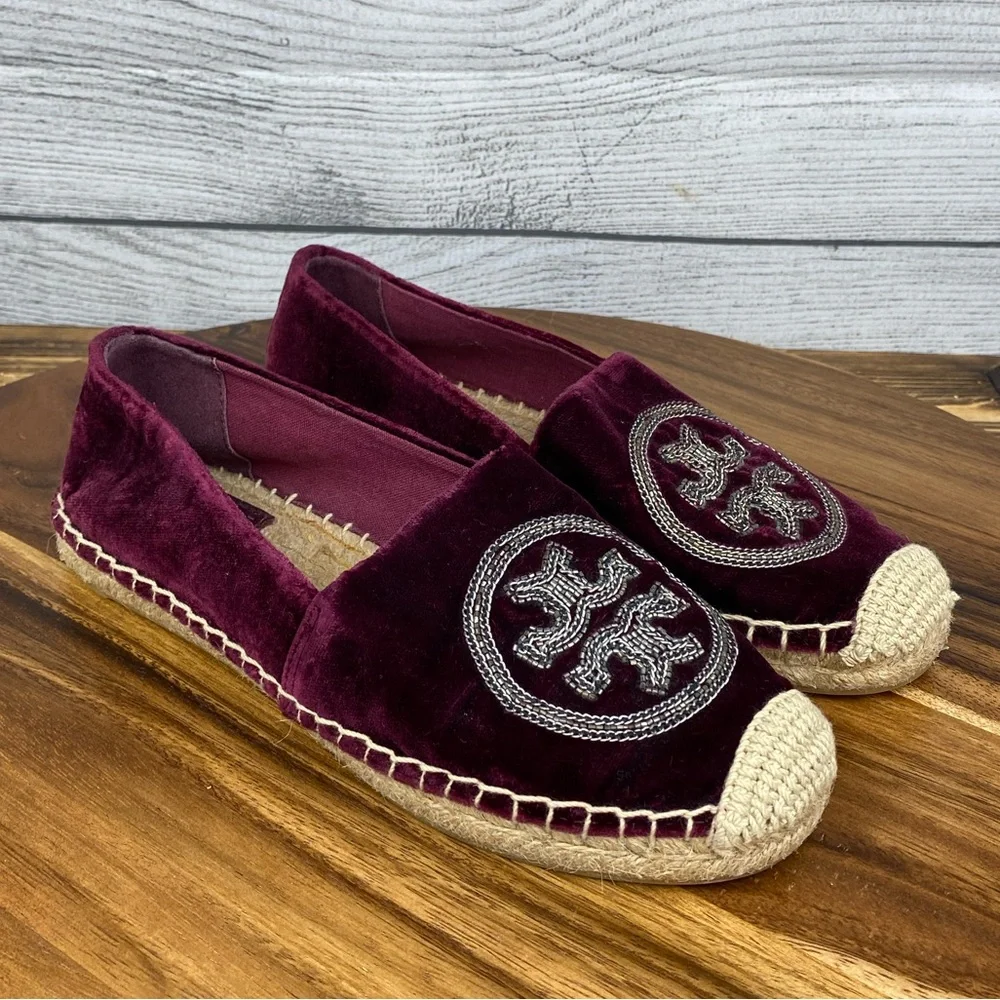 Tory Burch Chain Logo Velvet Espadrilles Bordeaux Purple Flats Women’s Size 6